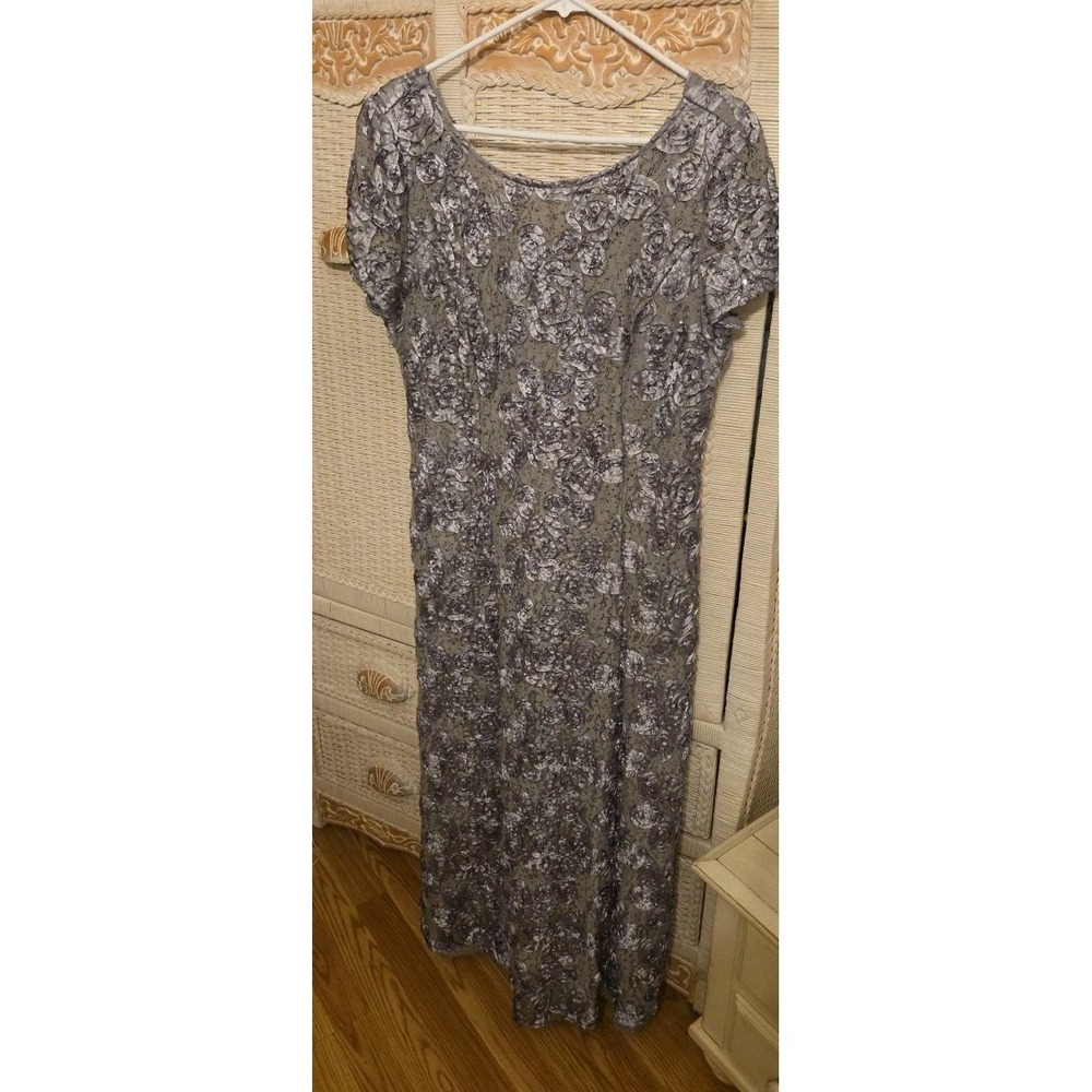Alex Evenings Gown Women Gray Sequined Lace A-Line Formal Dress Size: 16 Petite